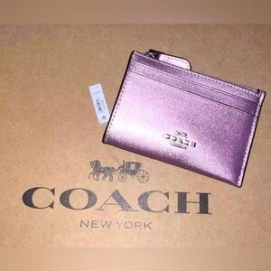 COACH Mini Skinny ID Case Card Wallet Keychain Metallic Pink Leather AUTHNTC NWT
